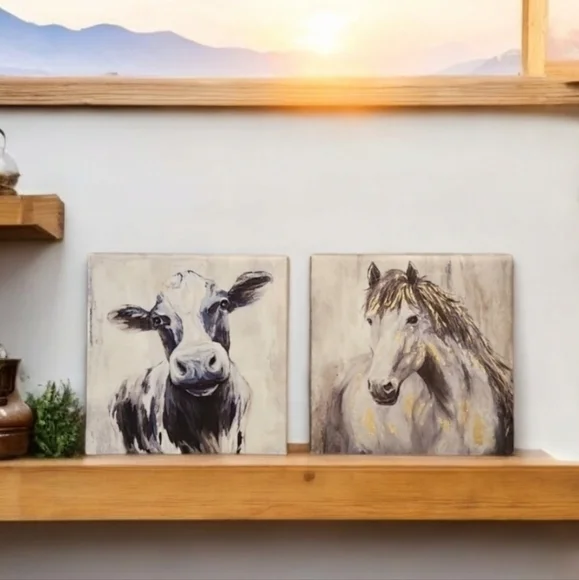 Farm House Home Decor Horse and Cow Animal Wall Art Canvas‎ 8×8
