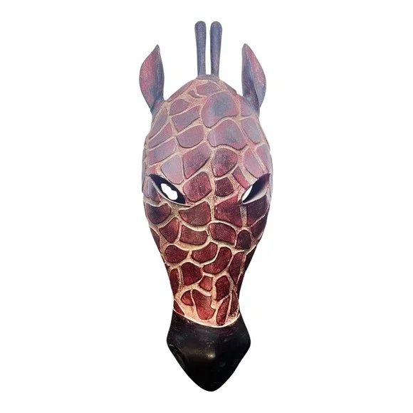 Intricately Hand Carved Giraffe Mask Wood Painted African Wall Art 15