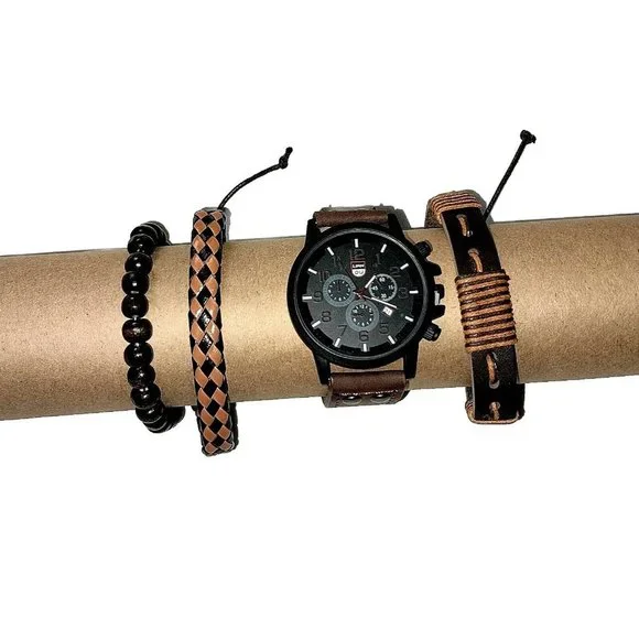 Men's Quartz Watch Bracelets Brown Leather Set