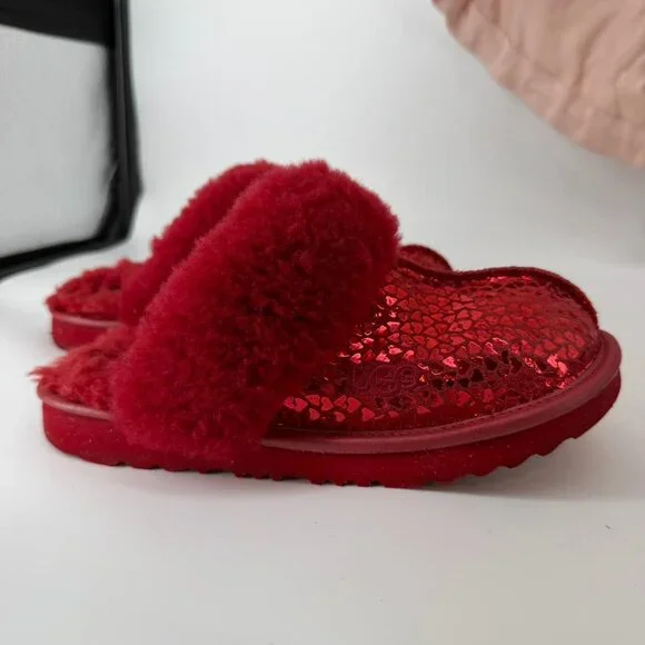 UGG Kids Red Sheepskin Slippers Sequin Heart Cozy Slide Youth 2