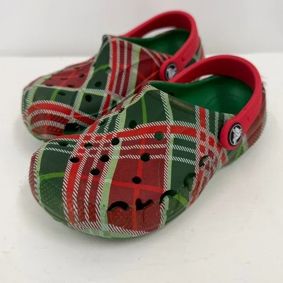 Crocs Kids Christmas Plaid C12 Clogs Red Green Holiday Slip On Shoes