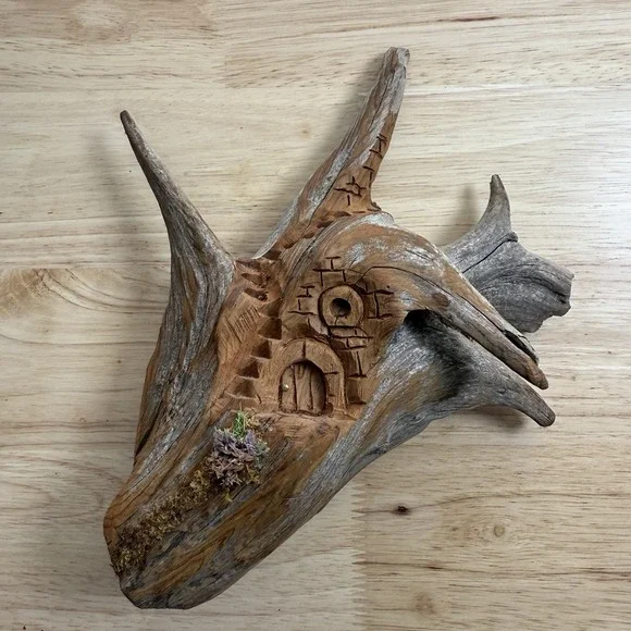 Hand Carved Driftwood Bark Fairy House Door Signed Wall Hanging VTG‎ Leaich 1988