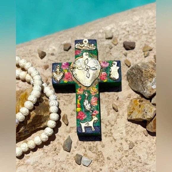 Milagros Silver Metal Charm Spanish Folk Art Painted Wood Cross-Turquoise Green