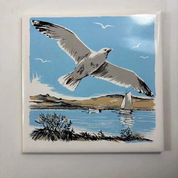 Screen Craft Hand Decorated Ceramics Seagull Sailboat Lake‎ Scene Tile Wall Art
