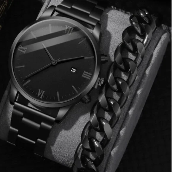 2pcs/set Fashionable Business Style Stainless Steel Quartz Watch With Bracelet