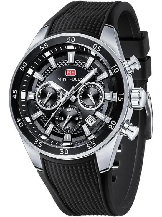 Men Black Silver Silicon Band Chronograph Waterproof Luminous Unique Wrist Watch
