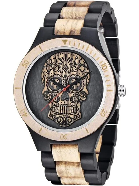 Men's Black Beige Analog Quartz Handmade Skull Face Engraved Round Wooden Watch