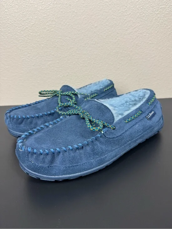 L.L.Bean Sherpa Moccasin Slippers Shoes with Rubber Soles Navy EUC