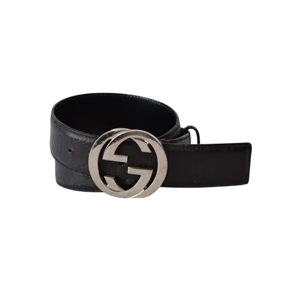 Gucci GG Monogram Black Leather Belt Silver Buckle Italy