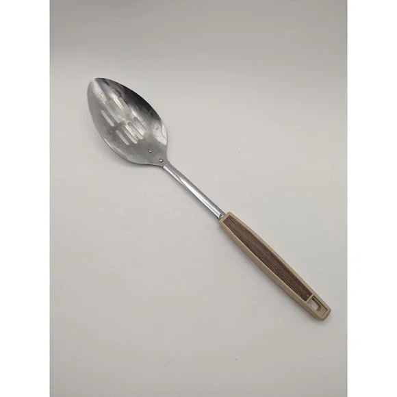 Vintage Slotted Serving Spoon Stainless Steel Faux Wood Handle Japan‎ MCM Retro