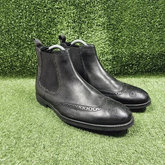 Clarks Wingtip Brouge Black Leather Pull On Chelsea Ankle‎ Boots Mens Size 10