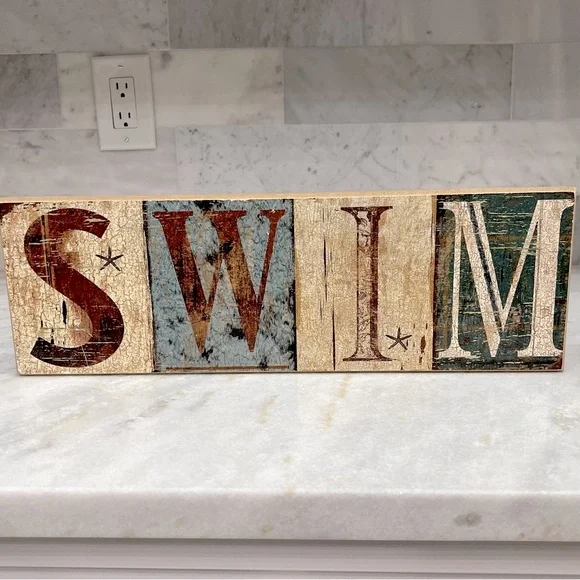 Vintage Distressed Style 'SWIM' Wall/Pool/Cabana Bath Art