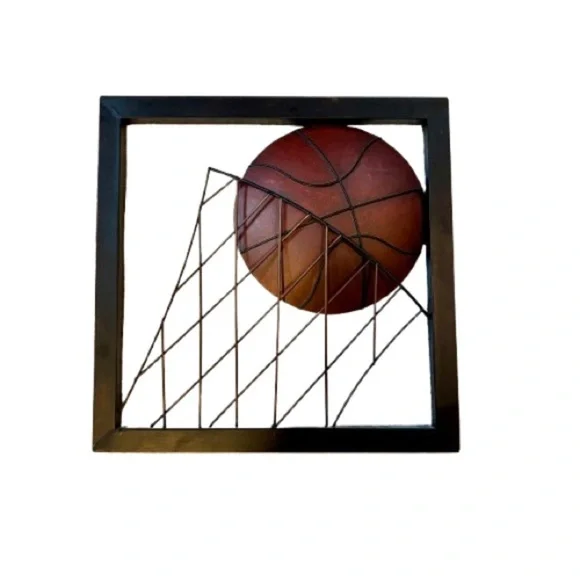 3D Metal Basketball Wall Art w/ Black Frame 16x16 for Boys Room, Bar, Man Cave