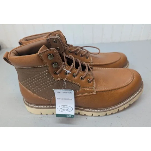 Steve Madden P-Bleekr Chukka Boots Cognac Brown Moc Toe Men's 12 Lace Up NEW
