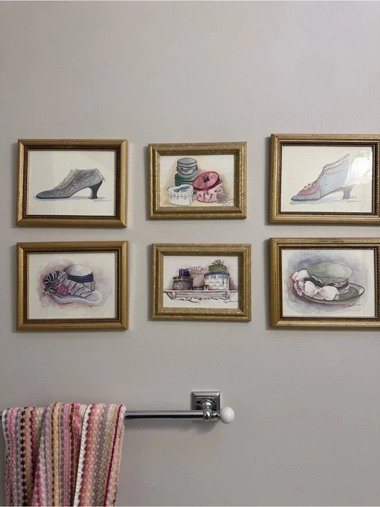 Set of 6 Framed Vintage Vibe Fashion Watercolor Prints - Pastel Pink & Green