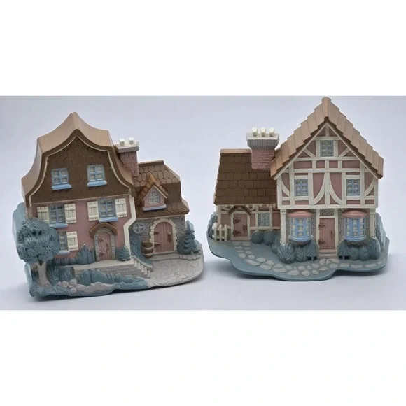 Burwood Cottage House Wall Plaques Set 6x6‎ Pastels Resin USA 1995 Vintage Decor