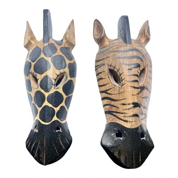 Lot of 2 Wall Masks Safari‎ Theme Wood Carved Zebra Giraffe Wall Decorations 12