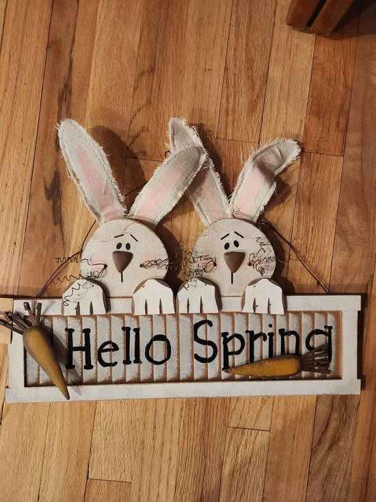 Hello Spring Bunny Wooden Wall Sign With Wire Hanger, Easter