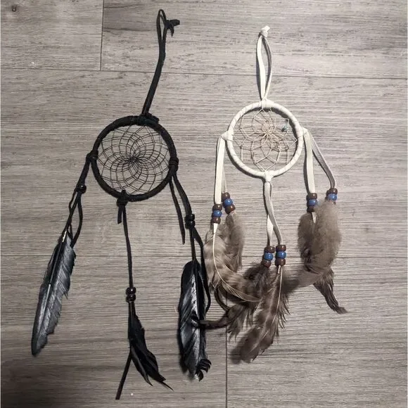 lot #105 Handmade set of 2 Leather Dreamcatchers with Feathers Beads Accents