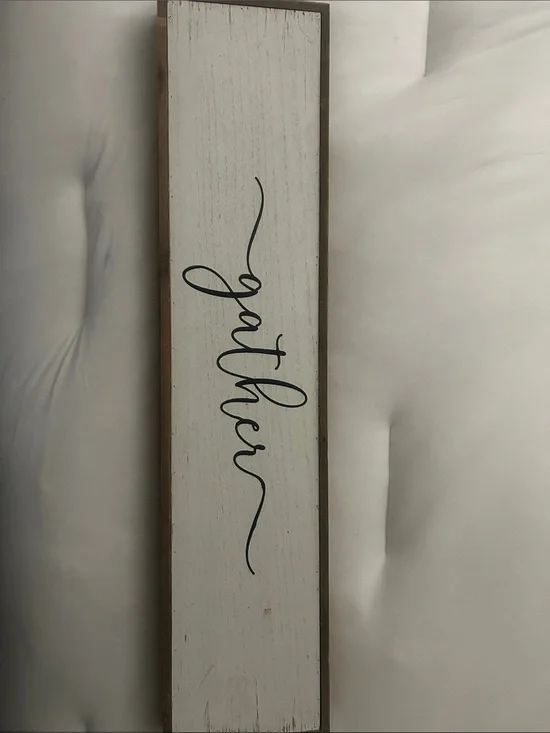 Gather Vertical Wooden Wall Sign - White with Black Script