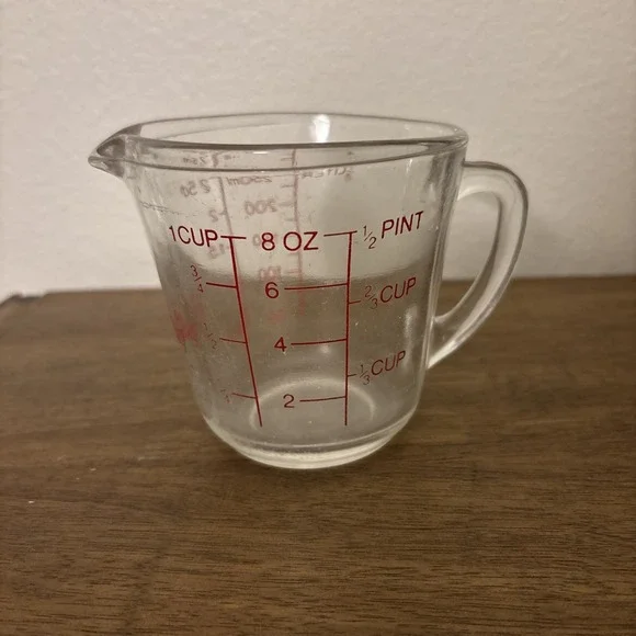 Vintage Fire-King Glass 1 Cup Measuring Cup #496 Red Lettering Closed D Handle