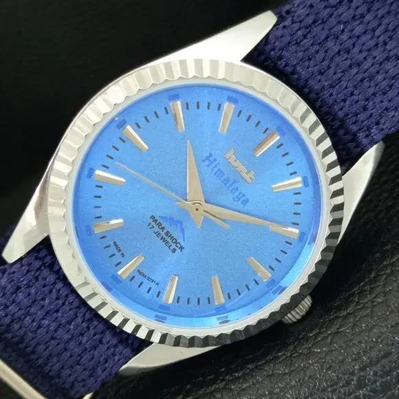 Vintage 1982 HMT Manual Wound Mens Silver Watch & Blue accents