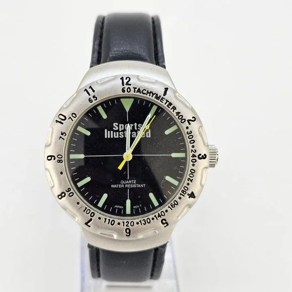Sports Illustrated Men's Watch 40MM Black Dial Black Leather Bands New Battery