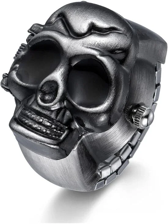Unisex Black Analog Quartz Punk Skull Flip-Open Adjustable Finger Ring Watch