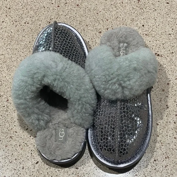 UGG Silver Metallic Shearling Slip‑On Slippers