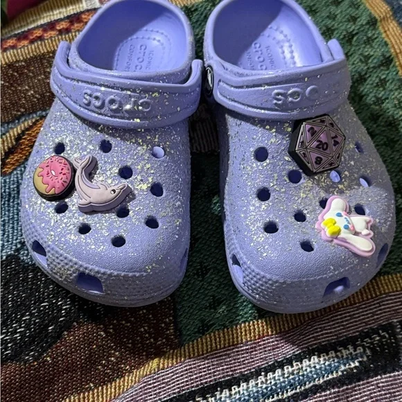 CROCS Kids Purple Glitter Slippers with Charms
