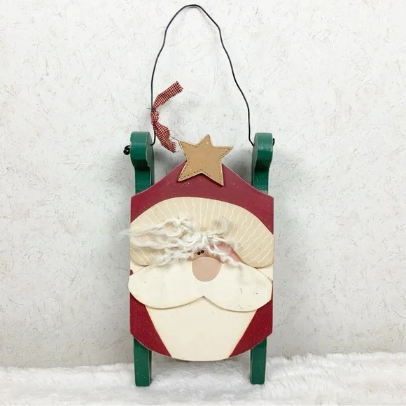 Vintage Wood Hand Painted Santa Face Sled Christmas Decor Wall Hanging