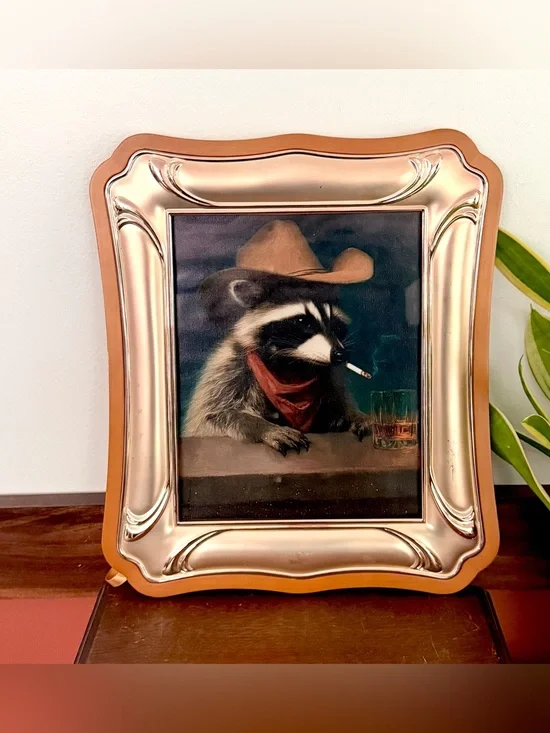 Bandit Raccoon Smoking Cigarette Western Cowboy Whiskey Canvas Art Print Framed