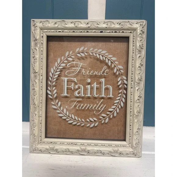 Hobby Lobby Friends Faith Family Wall Art Distressed Ivory Frame Burlap 11x13