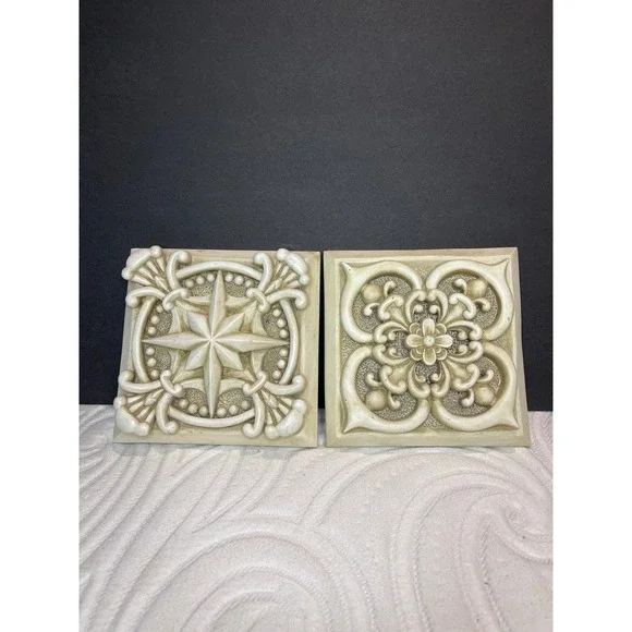 Garden Gate Designs Set of 2 Cream Architectural Relief Star Floral Wall Plaques