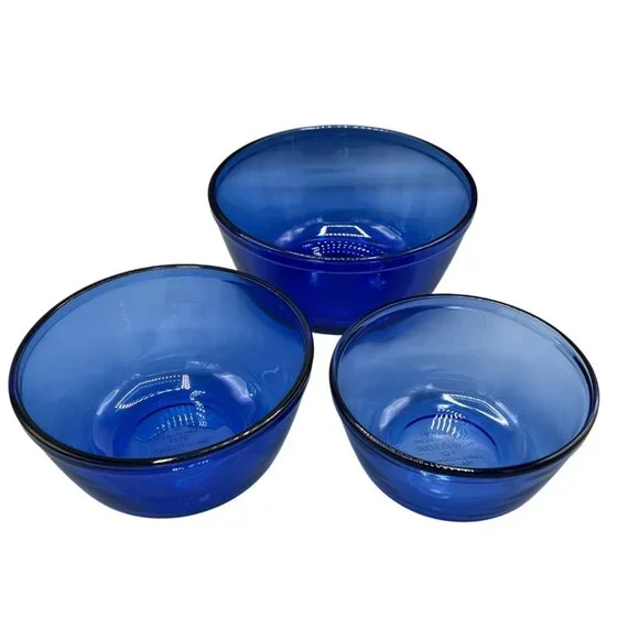 3 Anchor Hocking Cobalt Blue Glass Nesting Mixing Bowls 1 Qt 1.5 Qt and 2.5 Qt