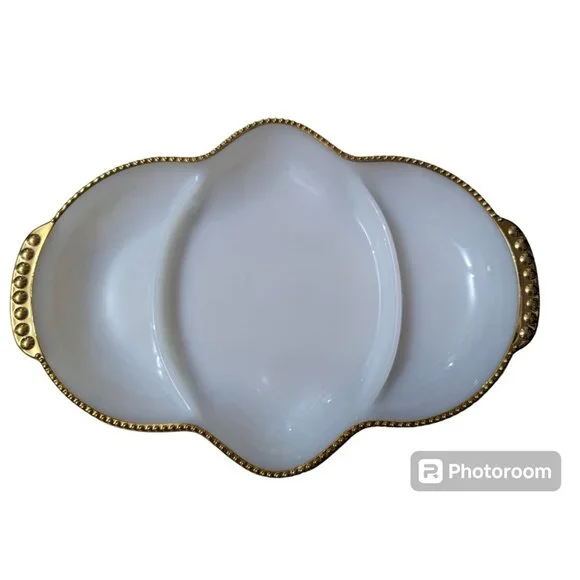 Fire King Milk Glass Divided relish tray gold tone hobnail rim 11x8 inch