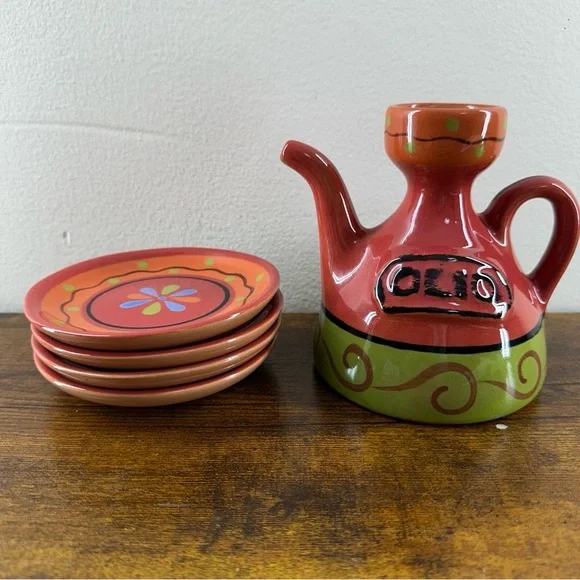 VTG Hand Painted Spanish Ceramic Olio Oil Cruet Pitcher & 4 Dipping Dishes Set