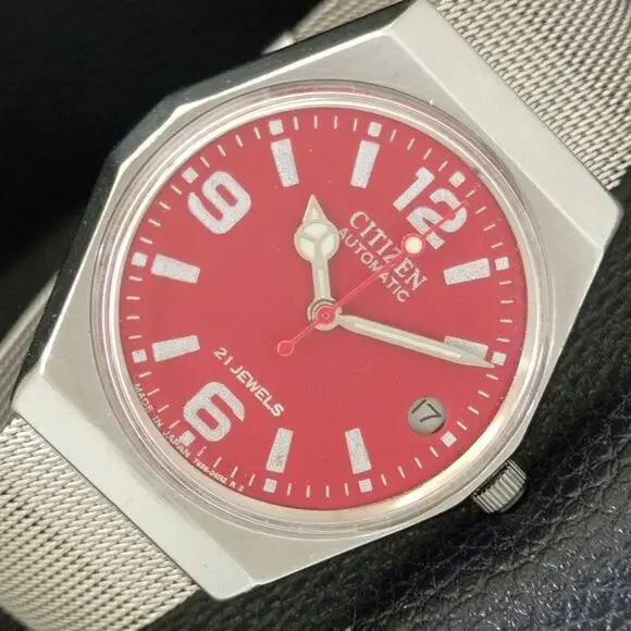 Vintage 1982 Citizen Automatic Mens Silver Watch W/daydate & Red accents