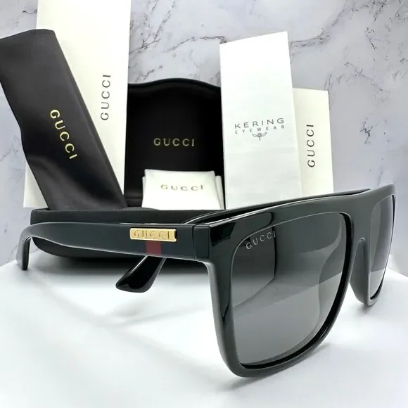 New GUCCI Sunglasses Black Square Aviator Gold Plate Engraved Logo Web Arm GUCCI