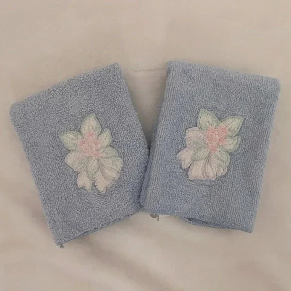Vintage pair of Embroidered light‎ blue washcloths