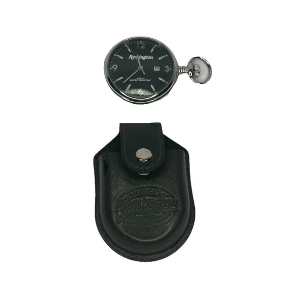 Vintage Remington Quartz Pocket Watch In Leather Pouch Cover Black Dial