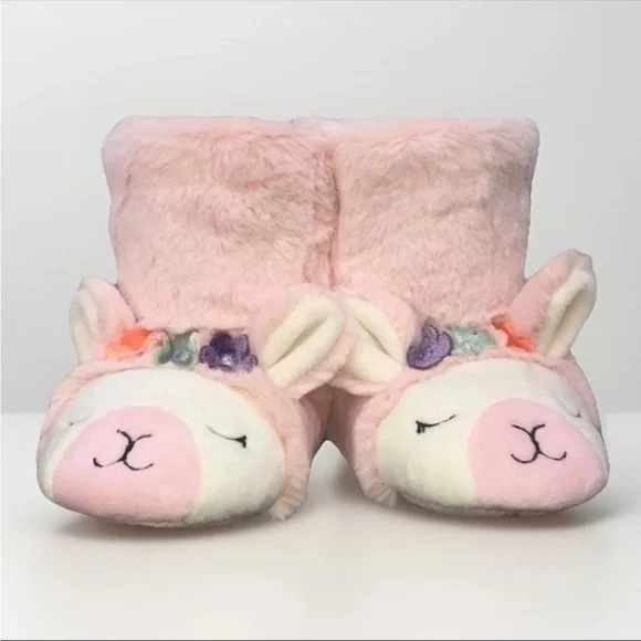 Toddler slippers Fuzzy Boot Llama Pink little girl Size 5/6 flower Crown‎