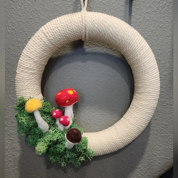 Off White Needlefelted Colorful Mushroom And Moss Hanging Wreath
