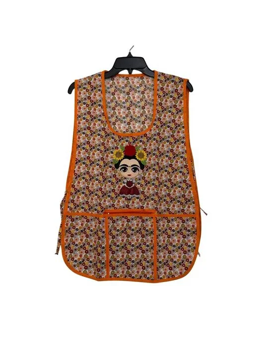 Women Apron Frida-Inspired Floral Front Pockets Orange Trim One Size