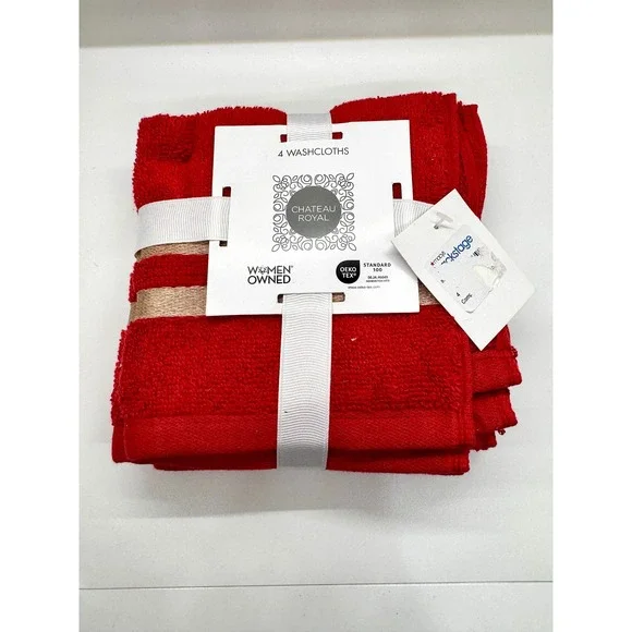 Chateau Royal Red Washcloths Set of 4 Gold Metallic Stripe Cotton New