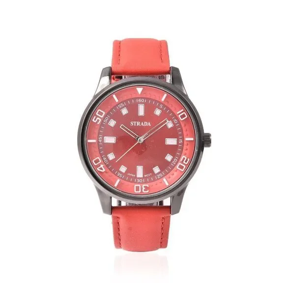 STRADA  Watch with Red Faux Leather Band and Stainless Steel Back
