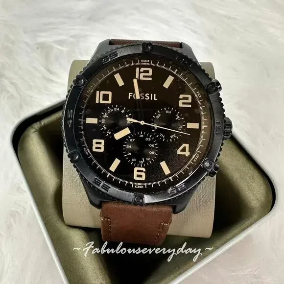 FOSSIL Men's Brox Multifunction Brown Leather Watch Black Dial 50mm BQ2802 NWT