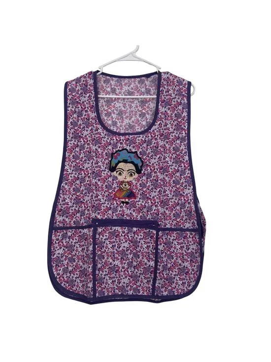 Floral Kitchen Apron With Frida Embroidery & Pockets Purple & Pink Adjustable Ti