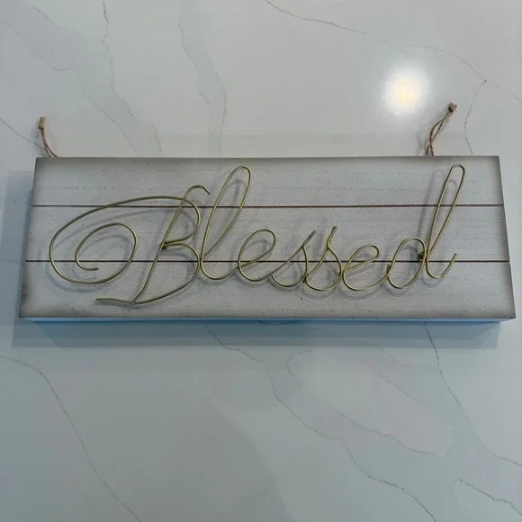 Blessed‎ Wood Wall Sign Gold Wire Script Distressed White Farmhouse Decor 20x7.5