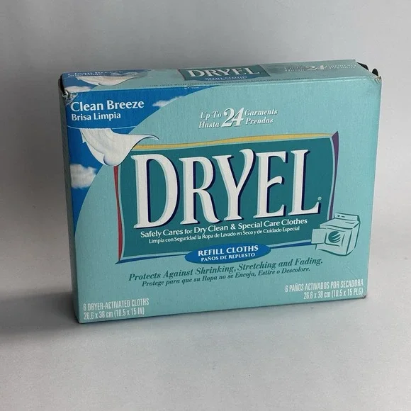 Dryel Clean Breeze 6 Dryer-Activated Refill Cloths 24 Garments Box NEW SEALED